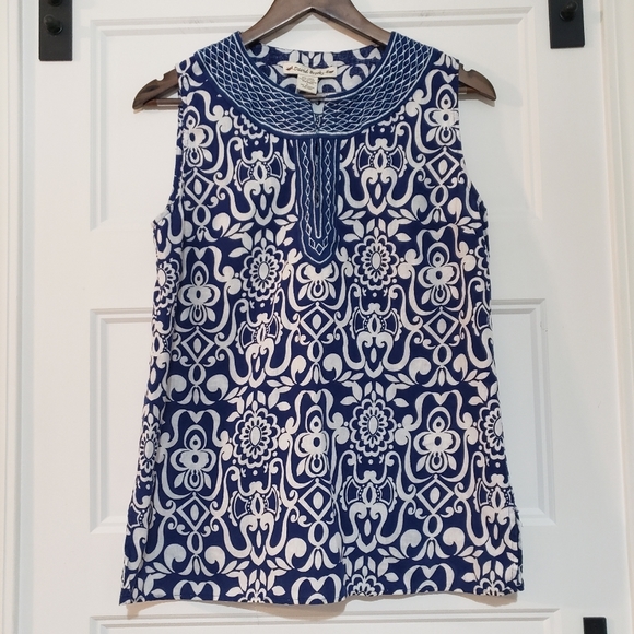 David Brooks Linen Blend Tunic Top Womens L Blue White Embroidered Trim - Picture 3 of 7